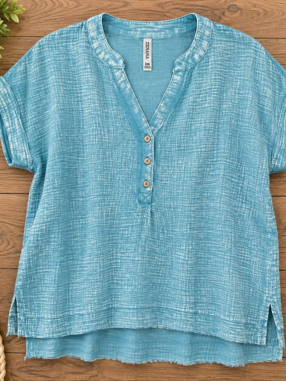 Zenana Outfitters Teal Short-Sleeve Henley Tunic